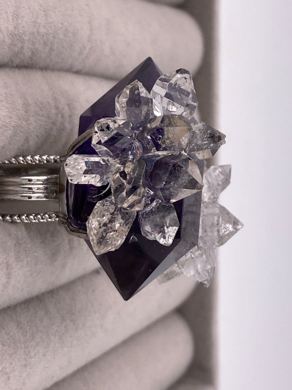 Deep Purple Amethyst & Herkimer Diamond Cluster Ring The Gem Studio View 2
